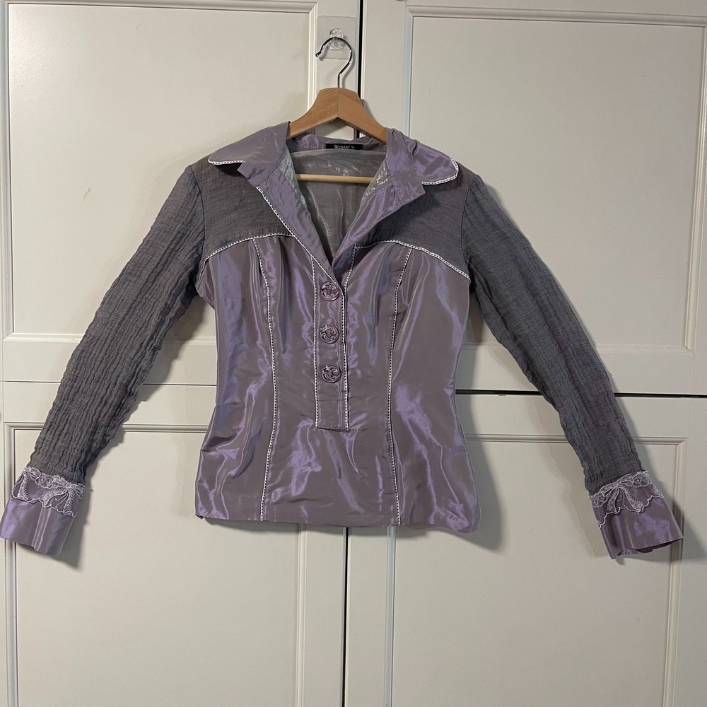 Sistes Womens Mixed Media Button Up Top Lavender Grey Lace Trim Satin Blouse
